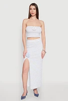 Womens Rosette Detail Striped Maxi Skirt, Blue,