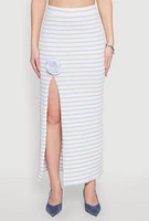 Womens Rosette Detail Striped Maxi Skirt, Blue,