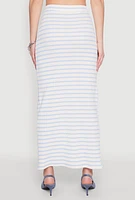 Womens Rosette Detail Striped Maxi Skirt, Blue,