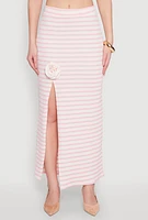 Womens Rosette Detail Striped Maxi Skirt, Pink, Size M