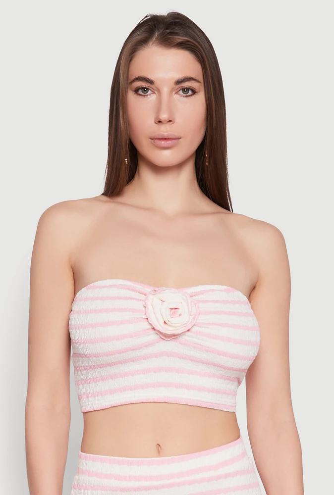 Womens Rosette Detail Striped Tube Top, Pink, Size L