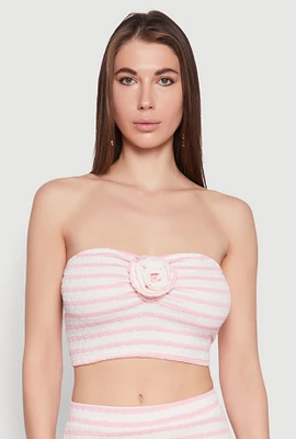 Womens Rosette Detail Striped Tube Top, Pink, Size L