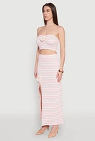 Womens Rosette Detail Striped Tube Top, Pink, Size L