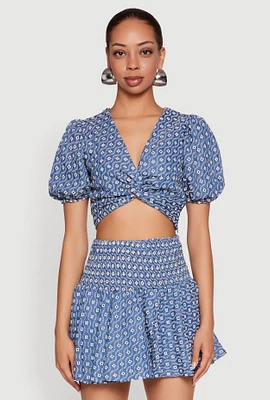 Womens Eyelet Twist Front Puff Sleeve Crop Top, Blue, Size S