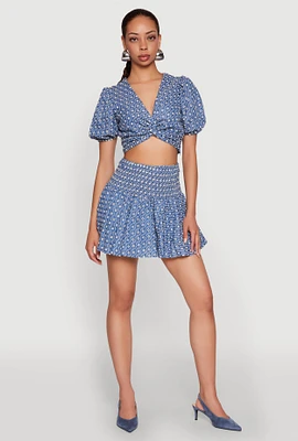 Womens Smocked Waist Printed Mini Skirt, Blue, Size M