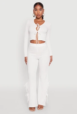 Womens Textured Knit Double Side Tie Slit Pants, White, Size S