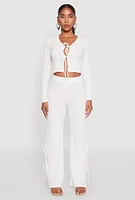 Womens Textured Knit Double Side Tie Slit Pants, White, Size S