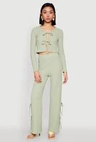 Womens Textured Knit Double Side Tie Slit Pants, Green,