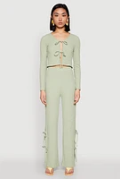 Womens Textured Knit Double Side Tie Slit Pants, Green,