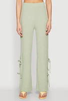 Womens Textured Knit Double Side Tie Slit Pants, Green,
