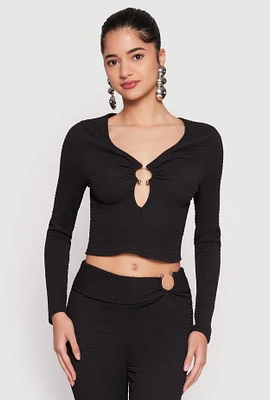 Womens Textured Knit O Ring Keyhole Crop Top,