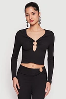 Womens Textured Knit O Ring Keyhole Crop Top, M