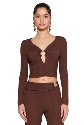 Womens Textured Knit O Ring Keyhole Crop Top, Brown,