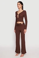 Womens Textured Knit O Ring Keyhole Crop Top, Brown,