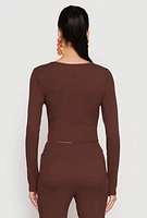 Womens Textured Knit O Ring Keyhole Crop Top, Brown,