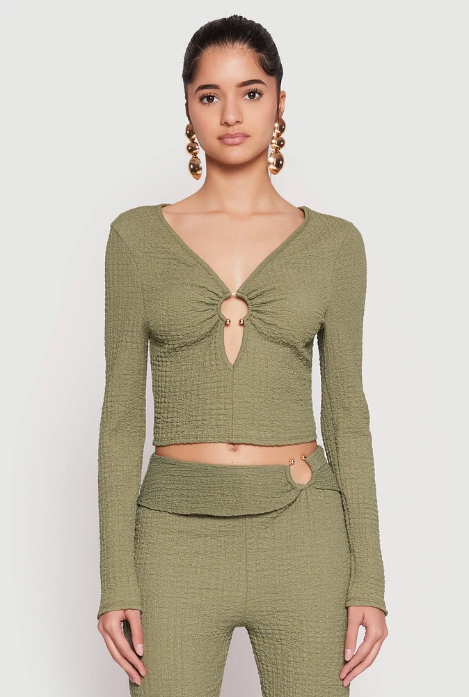 Womens Textured Knit O Ring Keyhole Crop Top,