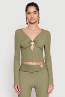 Womens Textured Knit O Ring Keyhole Crop Top,