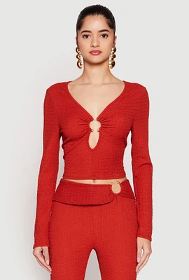 Womens Textured Knit O Ring Keyhole Crop Top, Red,