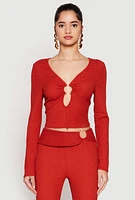 Womens Textured Knit O Ring Keyhole Crop Top, Red,