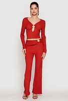 Womens Textured Knit O Ring Keyhole Crop Top, Red,