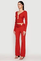 Womens Textured Knit O Ring Keyhole Crop Top, Red,