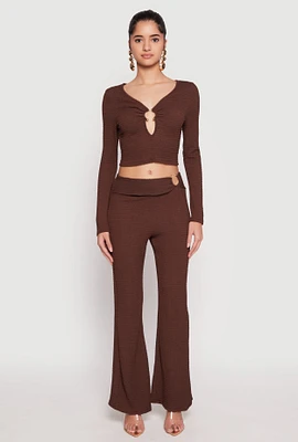 Womens Textured Knit O Ring Waist Flare Pants,