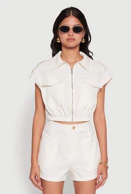 Womens Chic Twill Cropped Jacket with Cargo Pockets and Zippers,