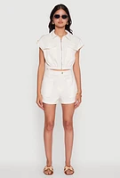 Womens Chic Twill Cropped Jacket with Cargo Pockets and Zippers,