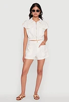 Womens Chic Twill Cropped Jacket with Cargo Pockets and Zippers,