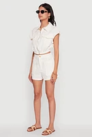 Womens Chic Twill Cropped Jacket with Cargo Pockets and Zippers,