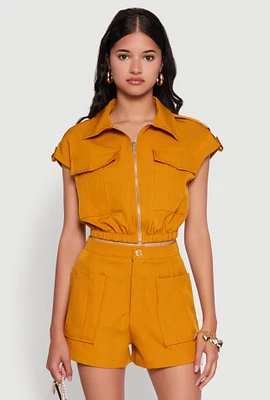 Womens Chic Twill Cropped Jacket with Cargo Pockets and Zippers, Yellow, Size L