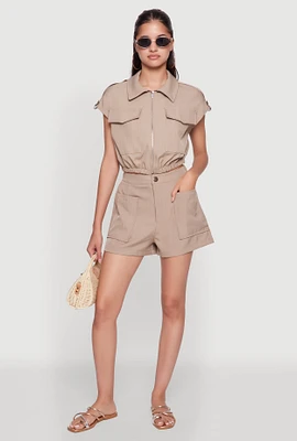 Womens Trendy High Waisted Twill Shorts with Front Pockets,