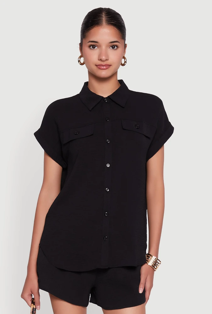 Womens Chic Crepe Knit Button Front Shirt with Flap Pockets, L