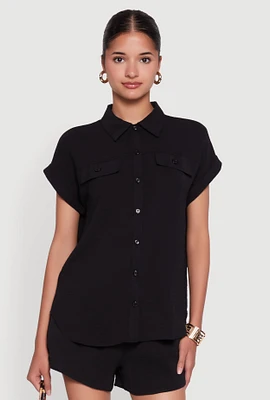 Womens Chic Crepe Knit Button Front Shirt with Flap Pockets, L
