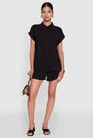 Womens Chic Crepe Knit Button Front Shirt with Flap Pockets, L