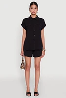 Womens Chic Crepe Knit Button Front Shirt with Flap Pockets, L