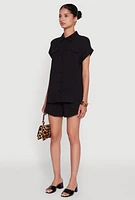 Womens Chic Crepe Knit Button Front Shirt with Flap Pockets, L