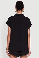 Womens Chic Crepe Knit Button Front Shirt with Flap Pockets, L
