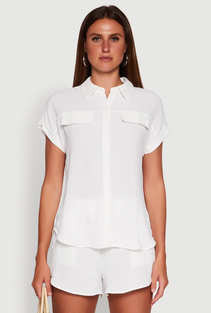 Womens Chic Crepe Knit Button Front Shirt with Flap Pockets, White, Size M