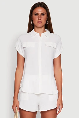 Womens Chic Crepe Knit Button Front Shirt with Flap Pockets, White, Size M