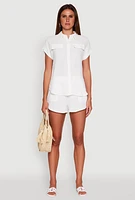 Womens Chic Crepe Knit Button Front Shirt with Flap Pockets, White, Size M
