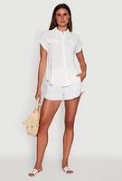 Womens Chic Crepe Knit Button Front Shirt with Flap Pockets, White, Size M