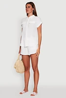 Womens Chic Crepe Knit Button Front Shirt with Flap Pockets, White, Size M