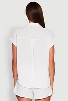 Womens Chic Crepe Knit Button Front Shirt with Flap Pockets, White, Size M