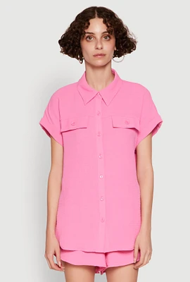 Womens Chic Crepe Knit Button Front Shirt with Flap Pockets, Pink, Size M