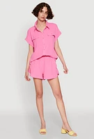Womens Chic Crepe Knit Button Front Shirt with Flap Pockets, Pink, Size M
