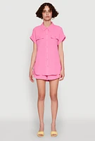 Womens Chic Crepe Knit Button Front Shirt with Flap Pockets, Pink, Size M