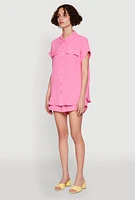 Womens Chic Crepe Knit Button Front Shirt with Flap Pockets, Pink, Size M