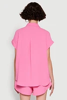 Womens Chic Crepe Knit Button Front Shirt with Flap Pockets, Pink, Size M