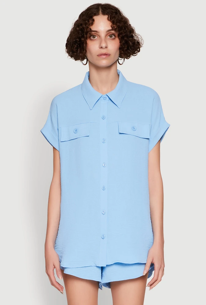 Womens Chic Crepe Knit Button Front Shirt with Flap Pockets,